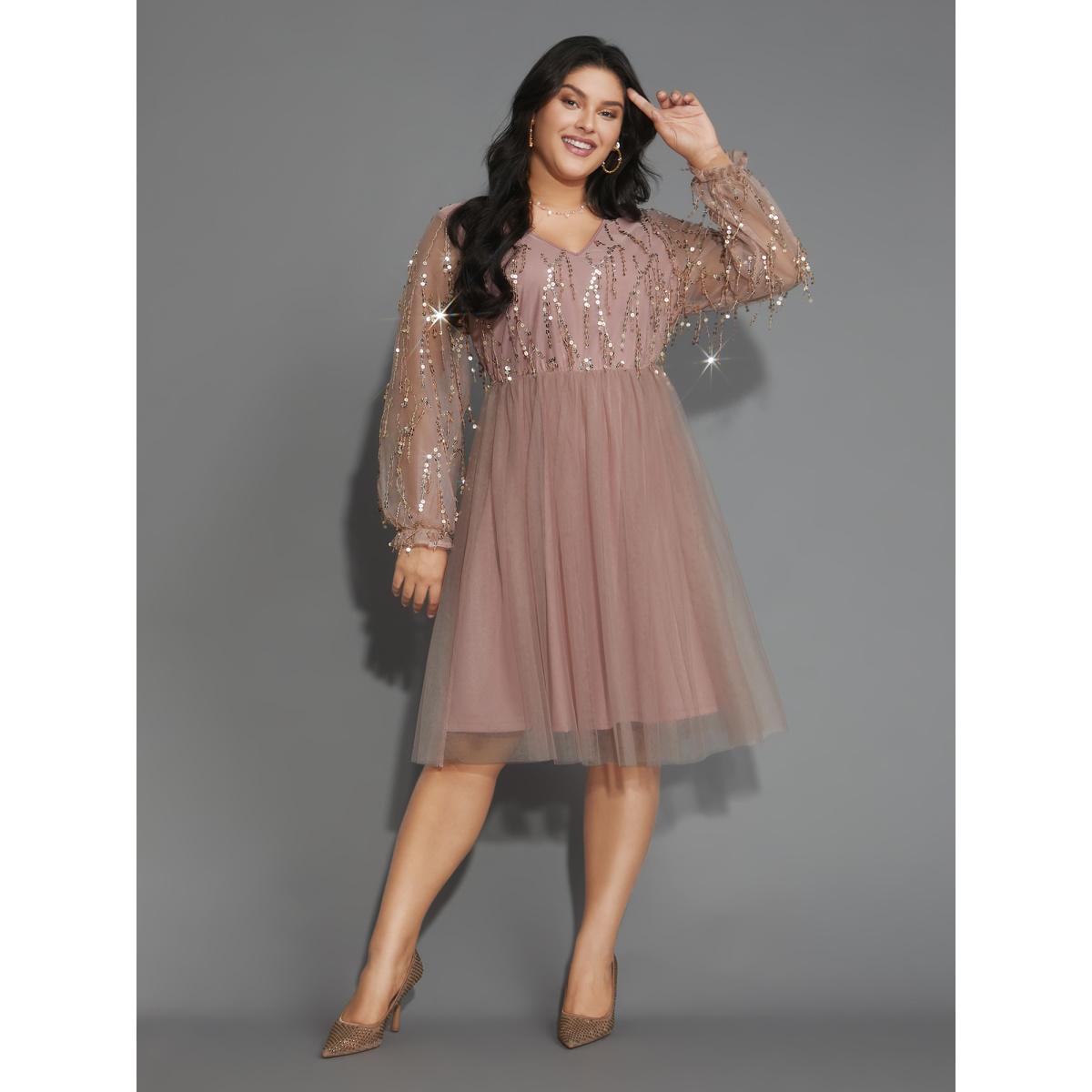 Plus Size Sequin Mesh Patchwork Tassel Dress DustyPink Women Cocktail Gathered Overlap Collar Long Sleeve Curvy Knee Dress BloomChic 26/4X Product Image