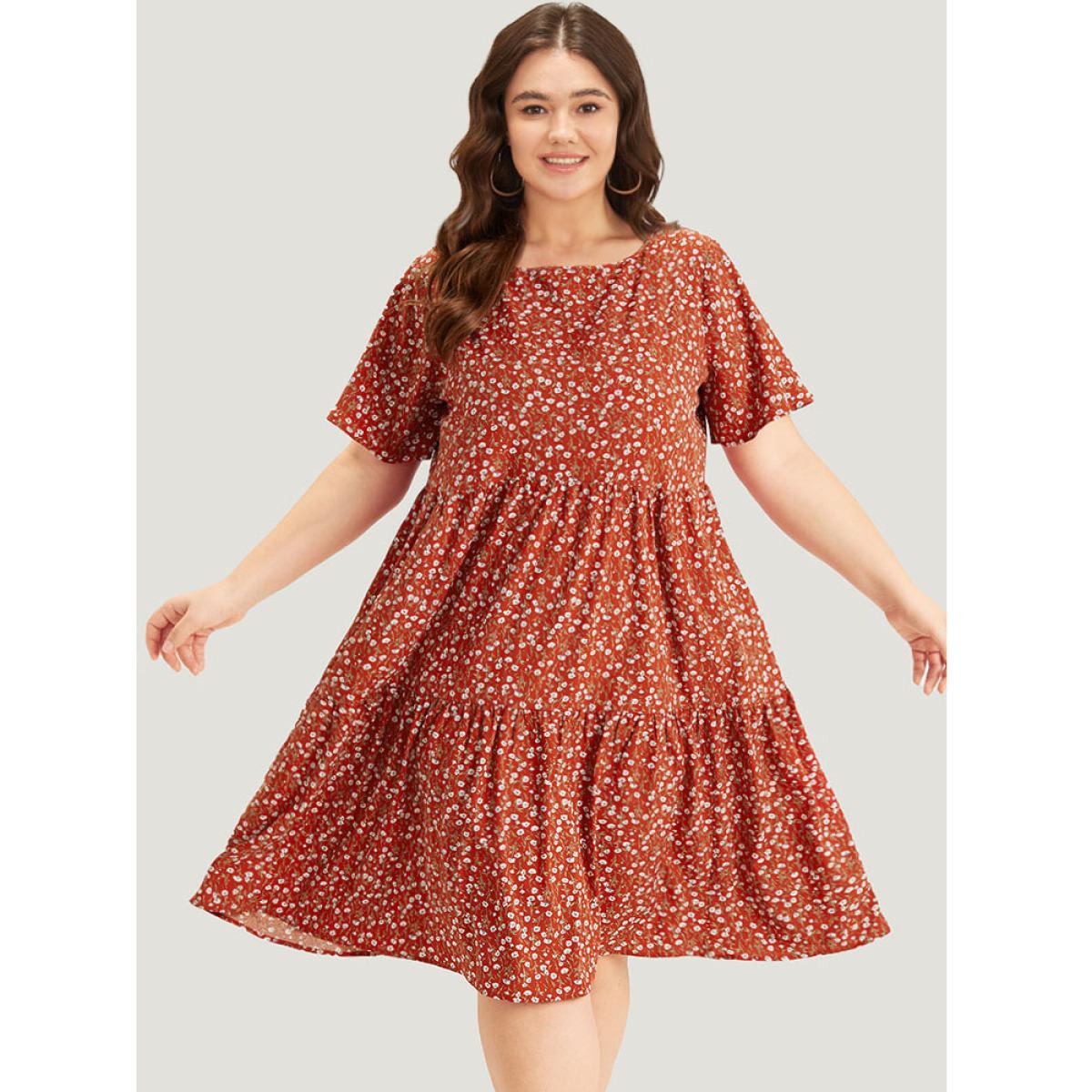 Plus Size Ditsy Floral Pocket Layered Patchwork Crew Neck Dress Russet Women Elegant Printed Round Neck Short sleeve Curvy Midi Dress BloomChic 22-24/3X Product Image