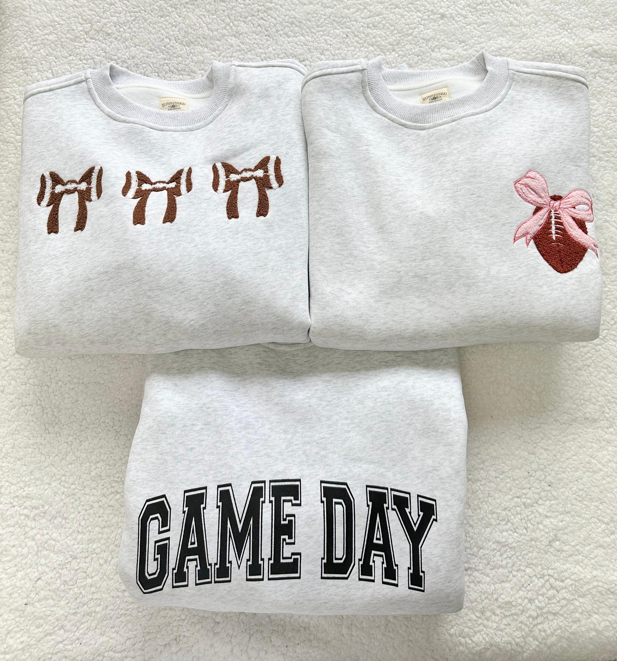 Pearl Grey Pink Bow Football Game Day Embroider Sweatshirt Product Image