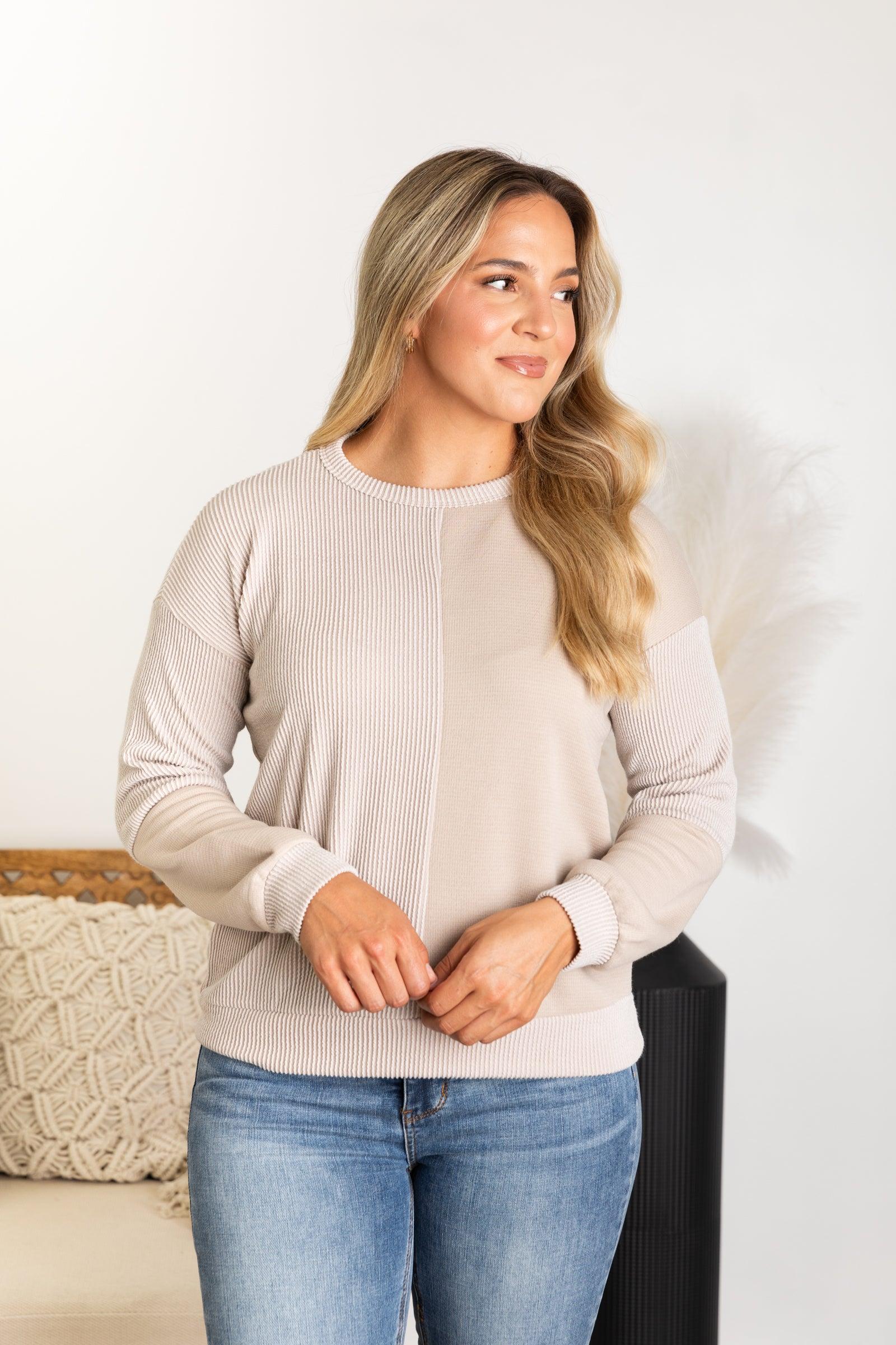 Beige Colorblock Long Sleeve Knit Top Product Image