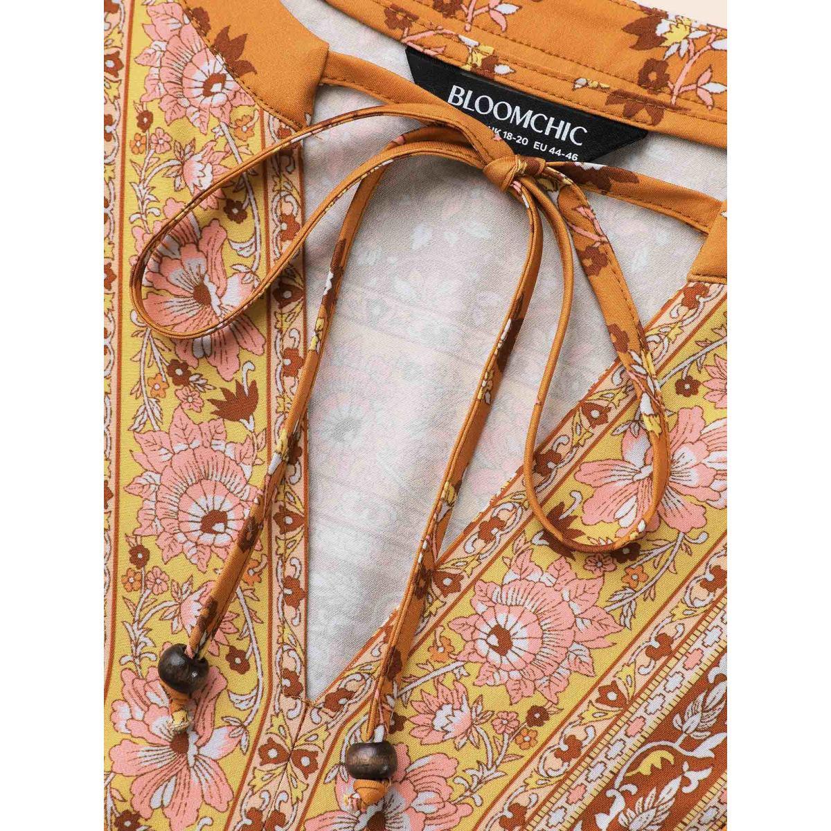 Plus Size Boho Print Tie Knot Midi Dress Turmeric Women Resort Tie knot V-neck Long Sleeve Curvy BloomChic 10/M Product Image