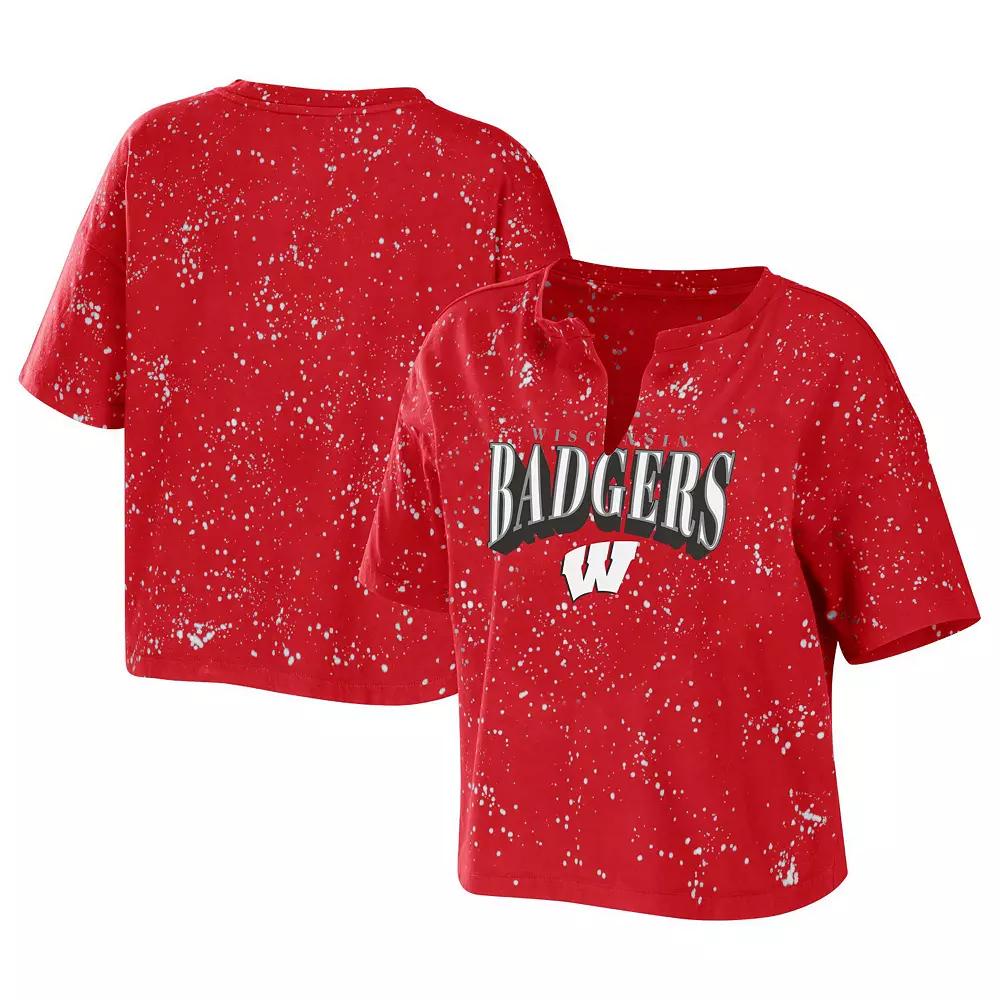 Women's WEAR by Erin Andrews Red Wisconsin Badgers Bleach Wash Splatter Notch Neck T-Shirt,  Product Image