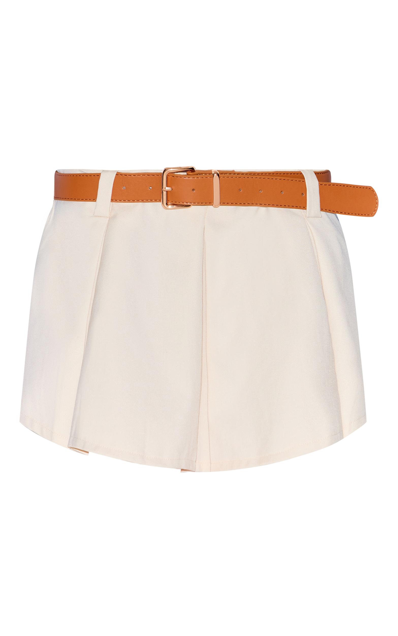 Cream Double Waistband Belted Tailored Mini Skirt Product Image