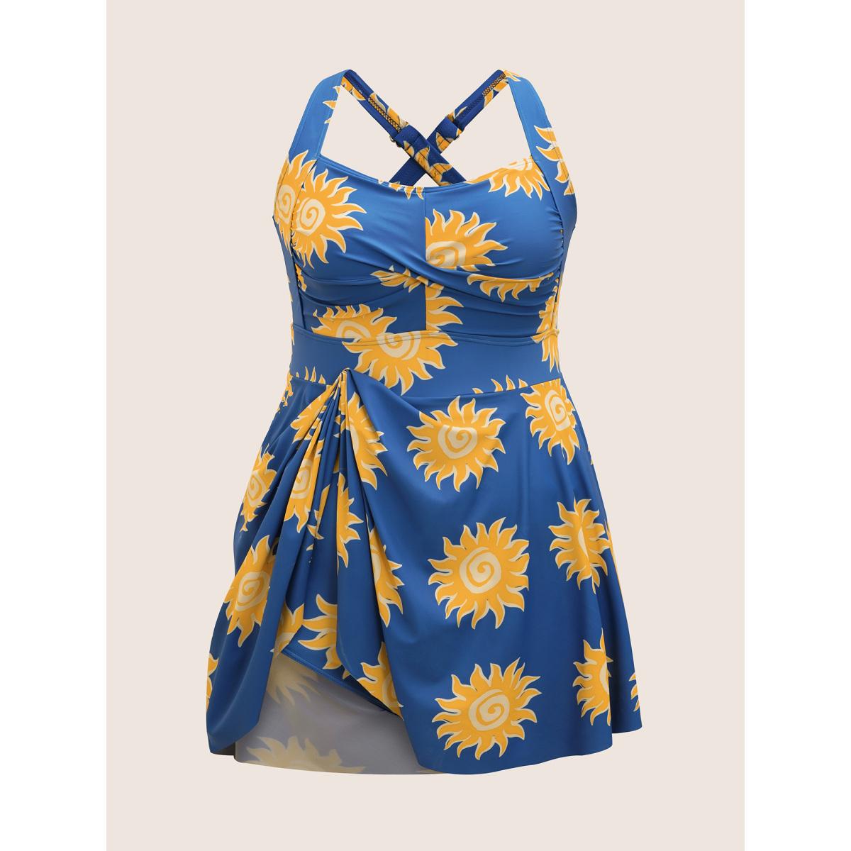 Plus Size Heart Neckline Sun Print Crossover Swim Dress Women's Swimwear Cerulean Beach Bodycon Heart neckline High stretch Curve Swim Dresses BloomChic 22-24/3X Product Image
