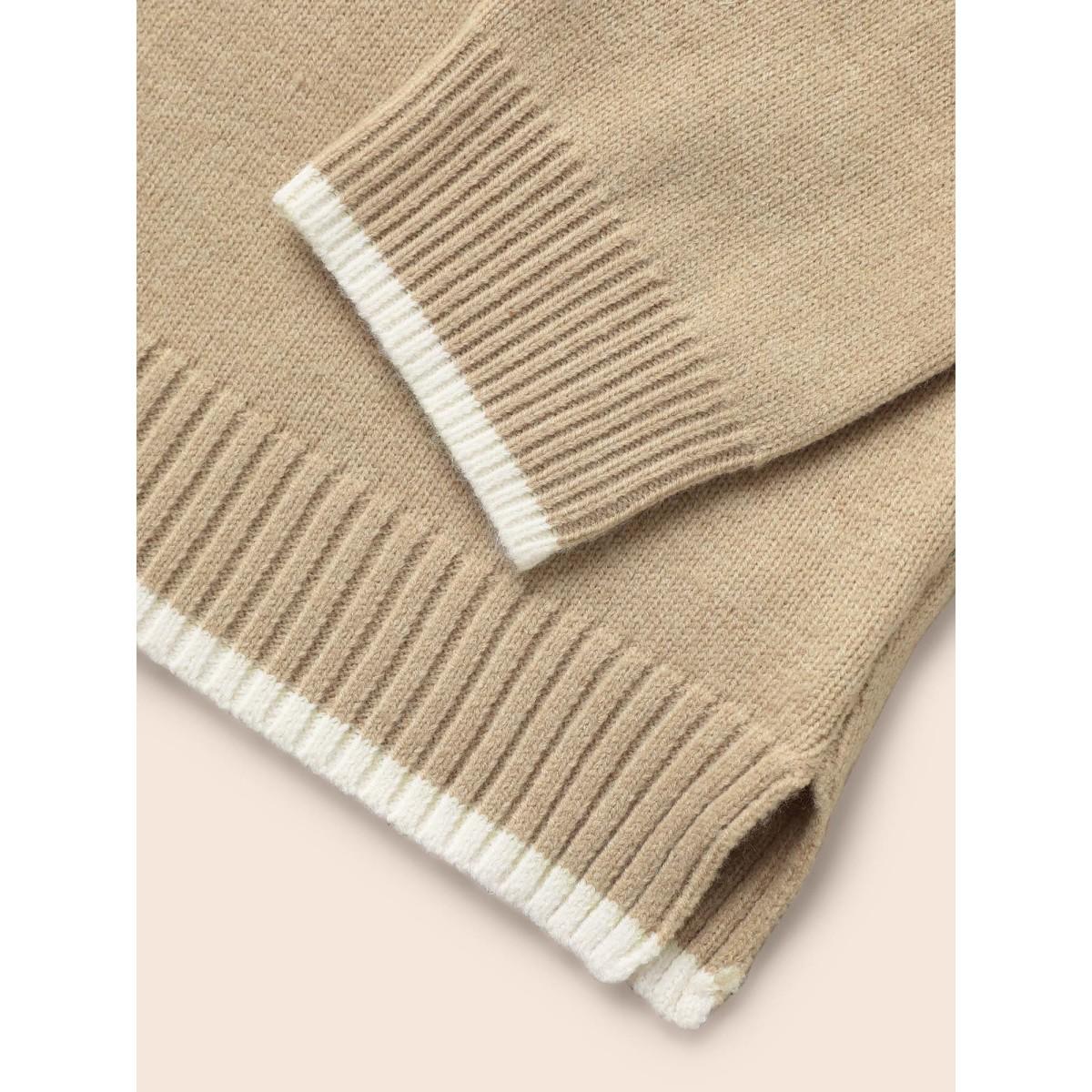 Plus Size Floral Jacquard Contrast Trim Slit Hem Pullover LightBrown Women Casual Long Sleeve Round Neck Everyday Pullovers BloomChic 18-20/2X Product Image