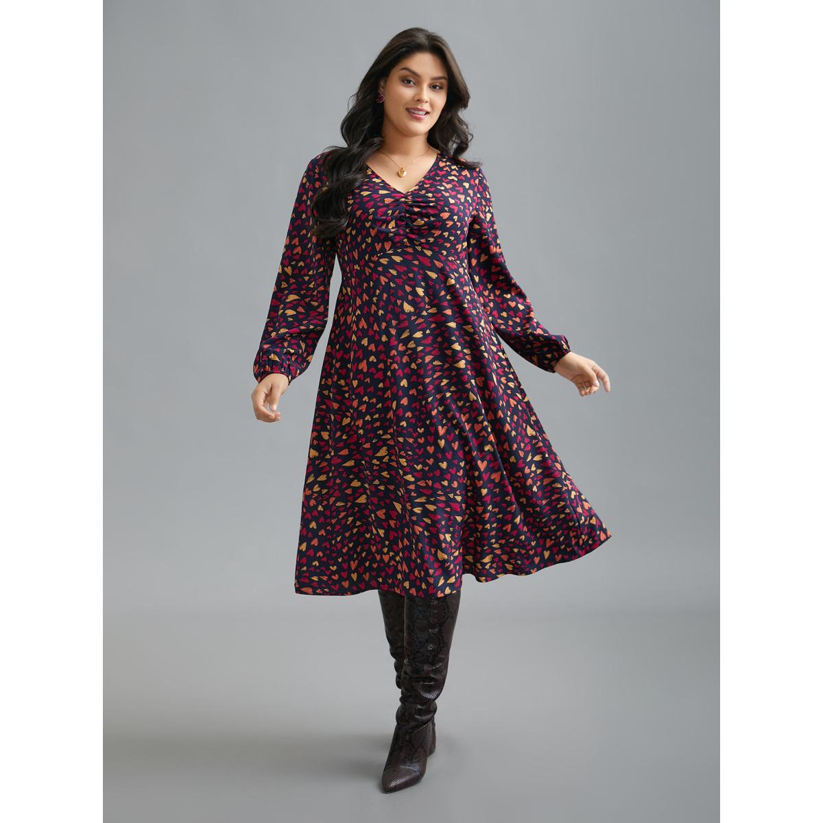 Plus Size Multi-Color Hearts Pattern Stretchy Waist Dress Indigo Women Elegant Gathered V-neck Long Sleeve Curvy BloomChic 18-20/2X Product Image