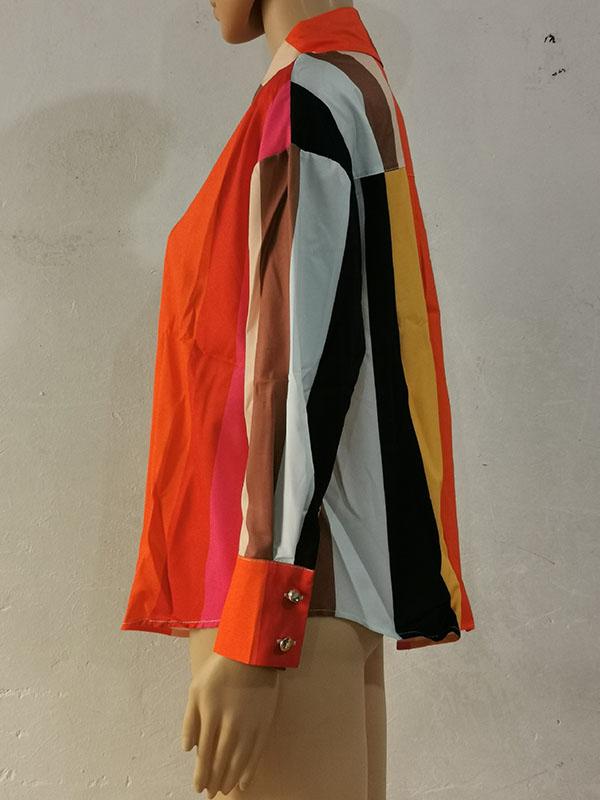 Long Sleeves Loose Contrast Color Printed Lapel Blouses Product Image