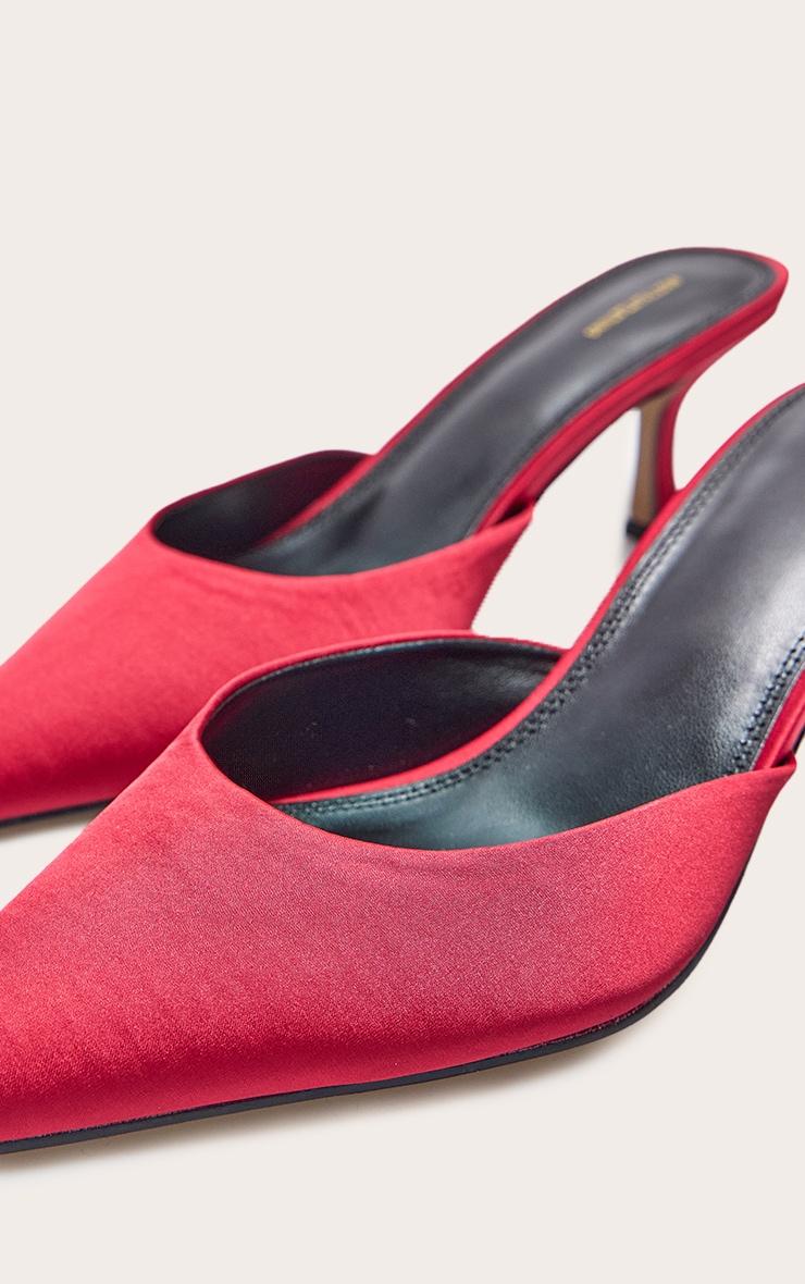 Red Satin Point Toe Mid Stiletto Heeled Mules Product Image