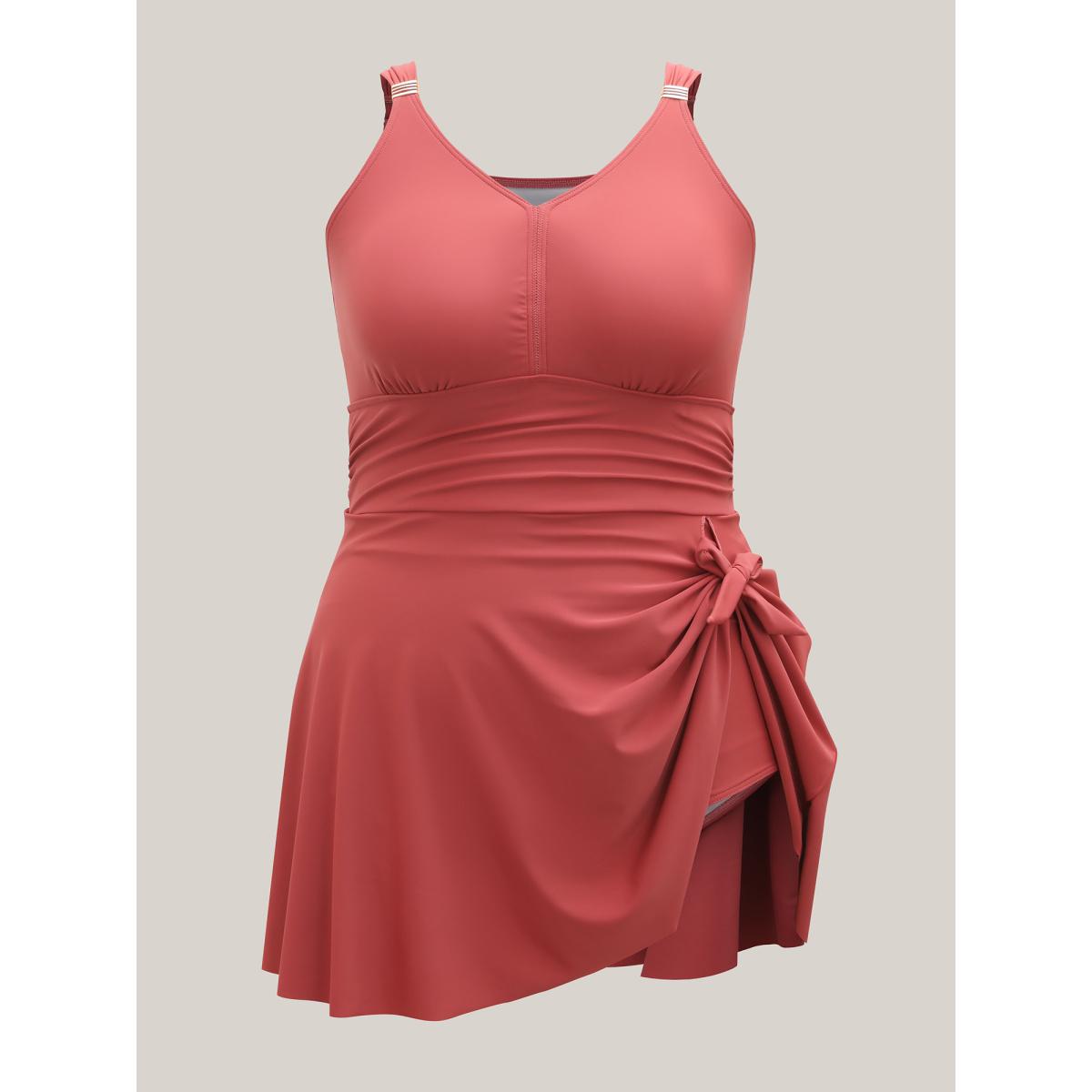 Plus Size Curved Hem Knotted Plain Swim Dress Women's Swimwear Rouge Beach Bodycon V-neck High stretch Curve Swim Dresses BloomChic 28/5X Product Image