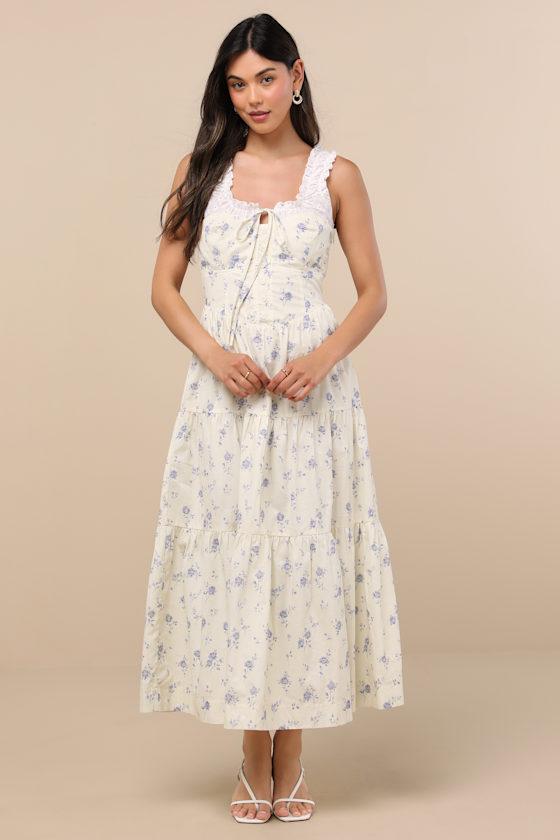 Bianka Ivory Floral Ruffled Tiered Midi Dress Product Image