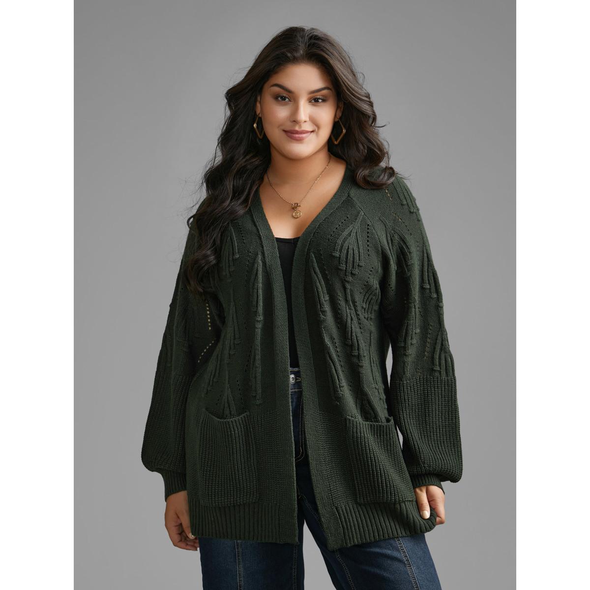 Plus Size Textured Lantern Sleeve Split Hem Cardigan DarkGreen Women Casual Loose Long Sleeve Everyday Cardigans BloomChic 12/L Product Image