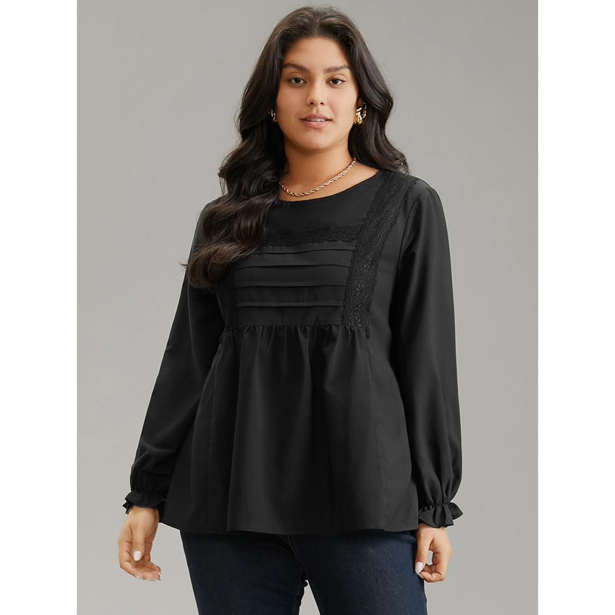 Plus Size Black Pleated Detail Contrast Lace Ruffle Blouse Women Elegant Long Sleeve Round Neck Dailywear Blouses BloomChic 26/4X Product Image
