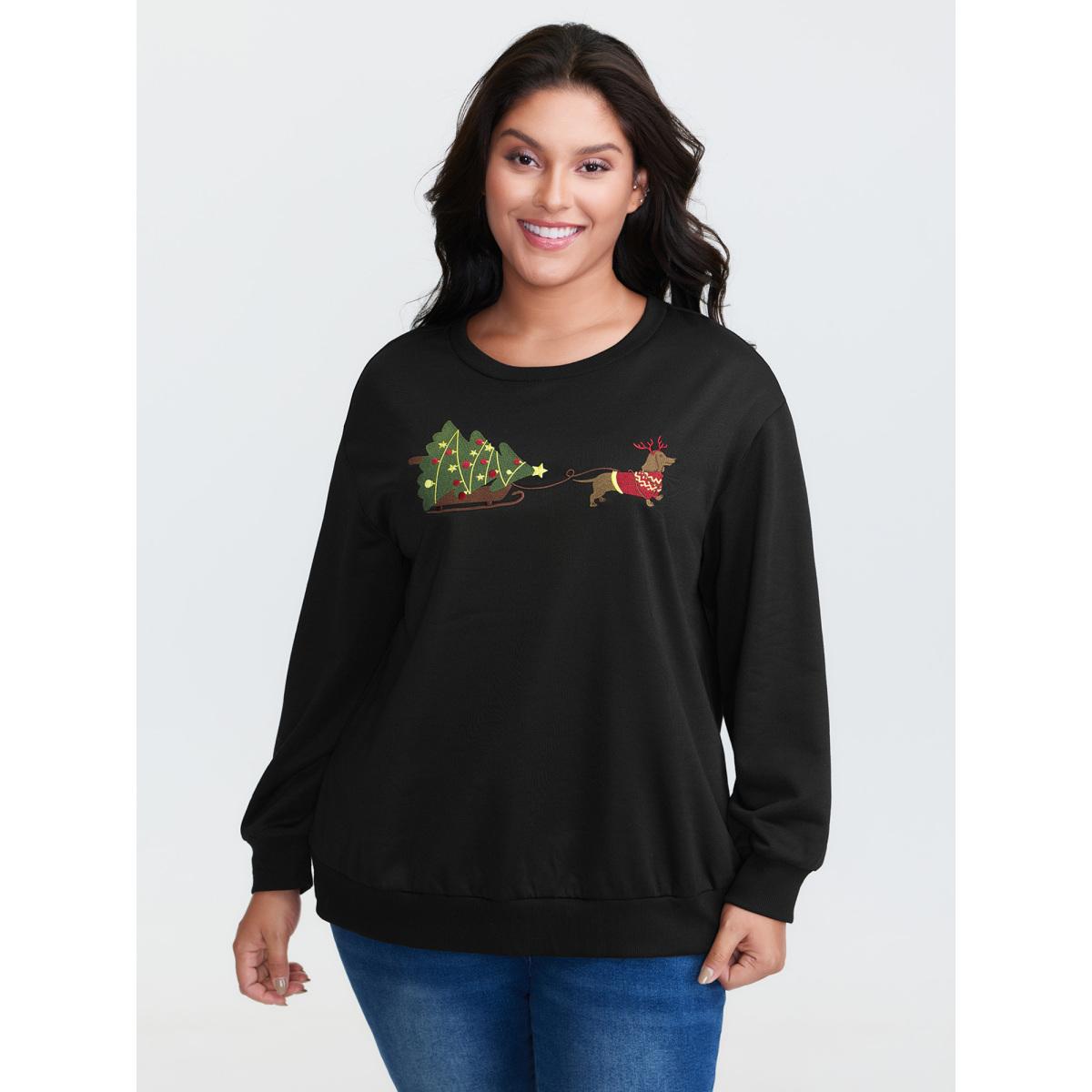 Plus Size Holiday Gifts Embroidered Heather Sweatshirt Women Black Leisure Round Neck Casual Sweatshirts BloomChic 30/6X Product Image