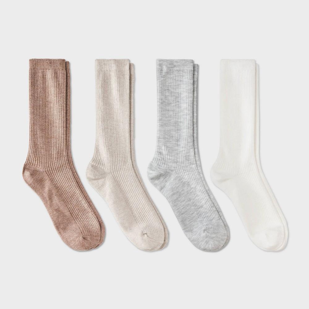 Women's Ultra Soft Everyday Rib-Knit 4pk Crew Socks - Auden™ Tan/Ivory/Heather Gray 4-10: Midweight Knit, Rib Cuffs, Machine Washable Product Image