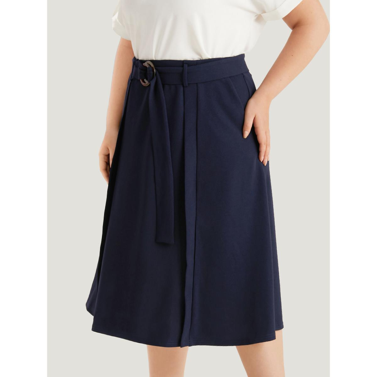 Plus Size Plain Pocket Belted Buckle Detail Midi Skirt Women Indigo Office Plain No stretch Pocket Belt Work Skirts BloomChic 18-20/2X Product Image