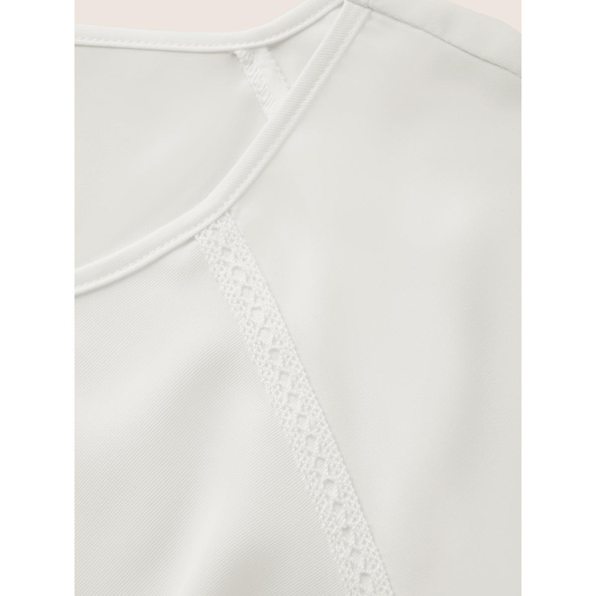 Plus Size Ivory Solid Lace Panel Keyhole Ruffle Sleeve Blouse Women Work From Home Short sleeve Round Neck Work Blouses BloomChic 28/5X Product Image