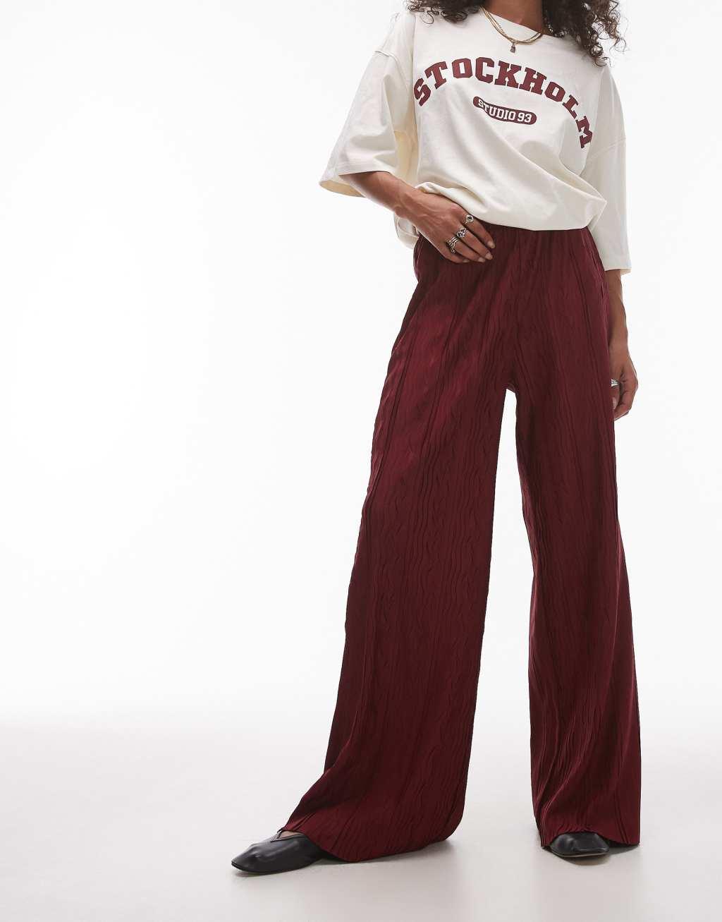 Topshop crinkle plisse wide leg pants in burgundy Product Image