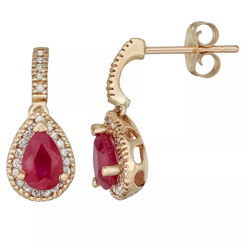 14k Gold Ruby & 1/5 Carat T.W. Certified Diamond Teardrop Earrings, Women's, White Product Image