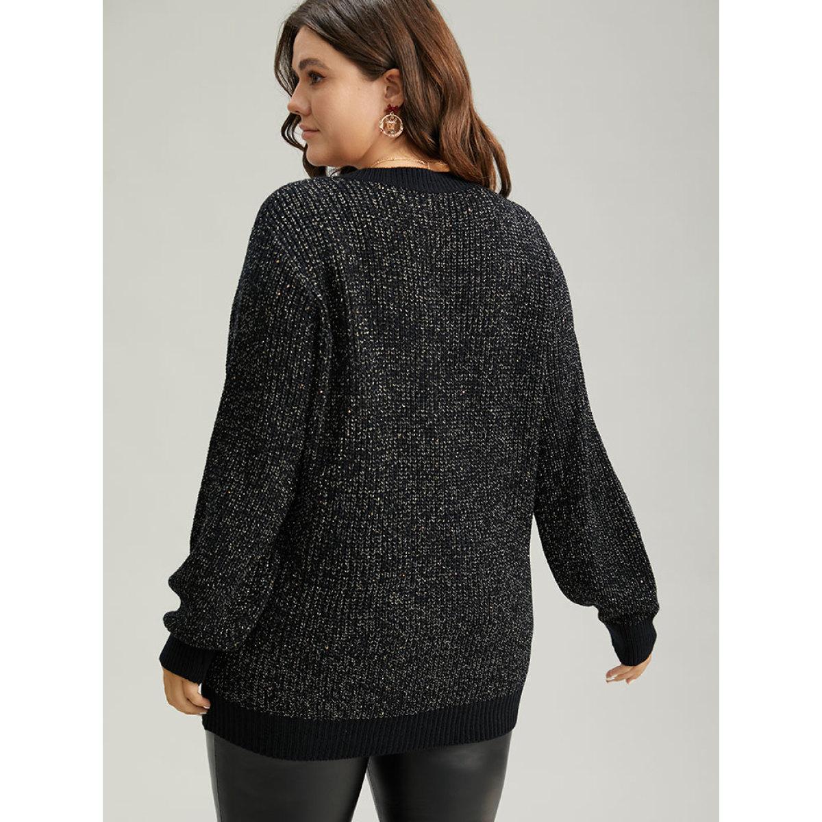 Plus Size Sparkly Elastic Cuffs Loose Pullover Black Women Casual Loose Long Sleeve V-neck Dailywear Pullovers BloomChic 10/M Product Image