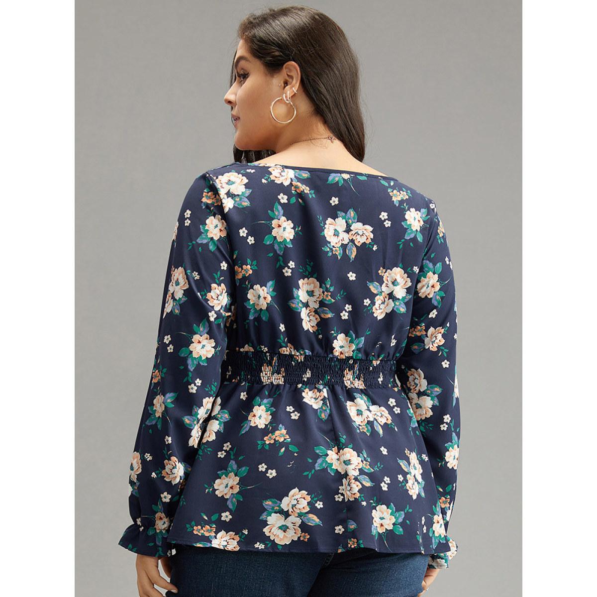 Plus Size Indigo Floral Square Neck Shirred Lantern Sleeve Blouse Women Elegant Long Sleeve Square Neck Dailywear Blouses BloomChic 28/5X Product Image