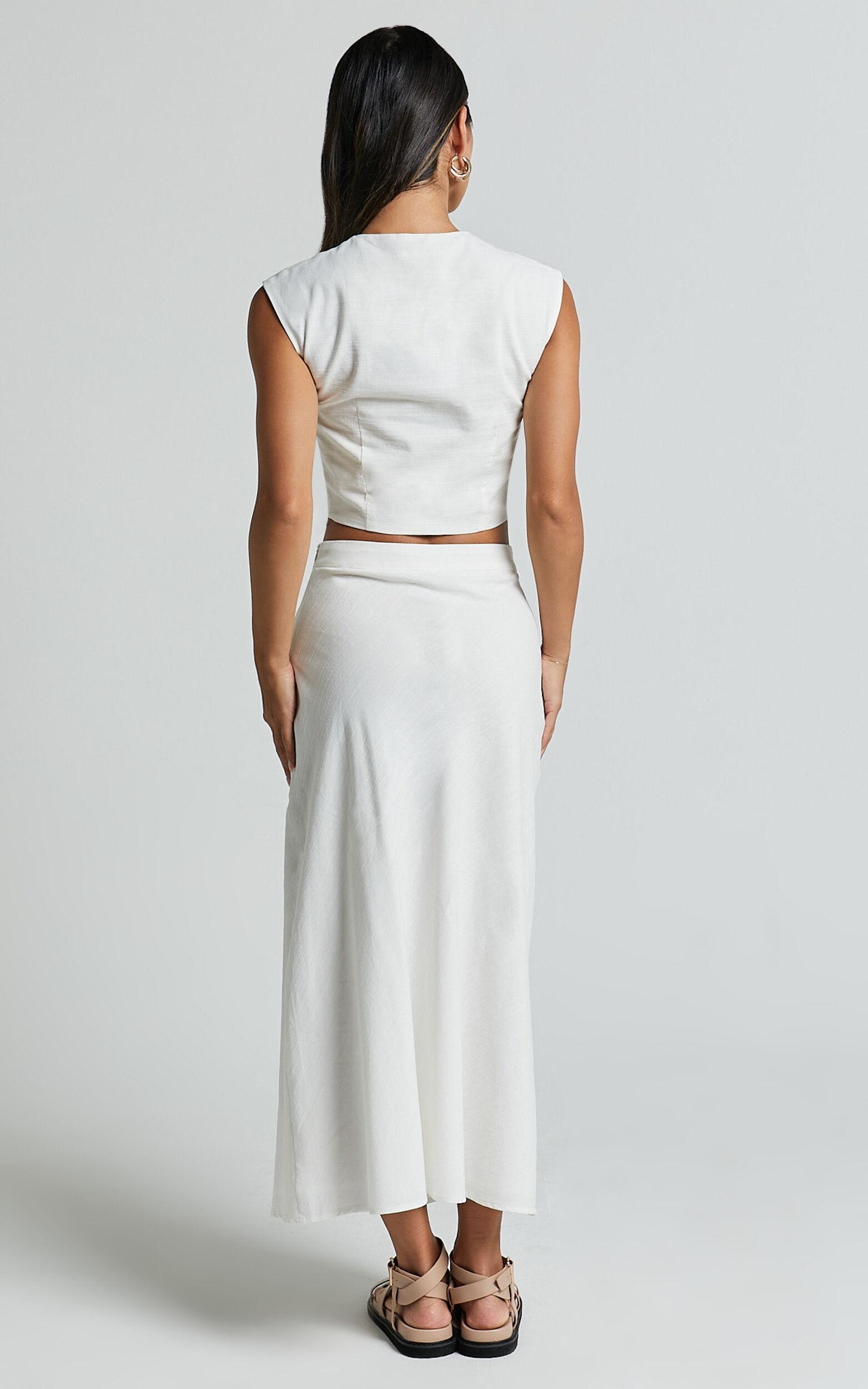 Devan Two Piece Set - Ruched Crop Top and A Line Midi Skirt Set in White Product Image