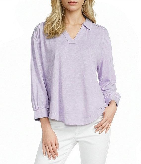 Westbound 3/4 Sleeve V Neck Collared Slub Knit Top Product Image