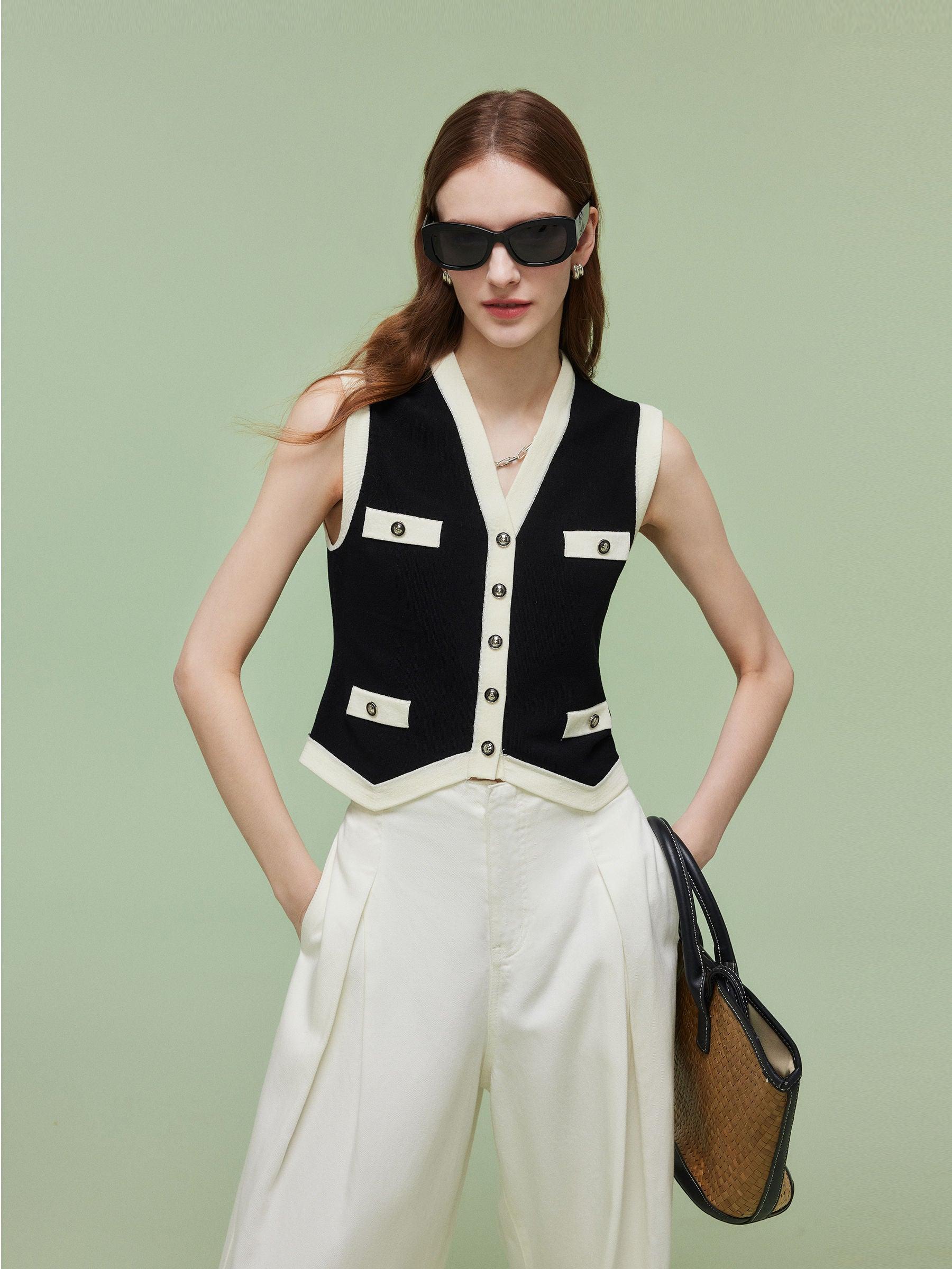 Tencel Blend Contrast Trim Women Knit Vest Product Image