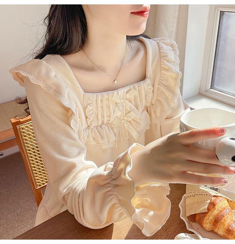 Pajama Set: Long Sleeve Square Neck Plain Ruffle Top + Straight Leg Pants Product Image