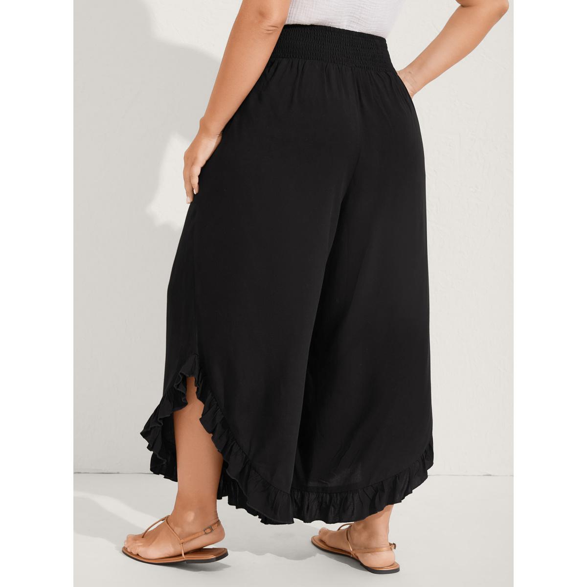 Plus Size Ruffled Curvy Hem Wide-Leg Pants Women Black Boho Wide Leg Mid Rise Vacation Pants BloomChic 12/L Product Image