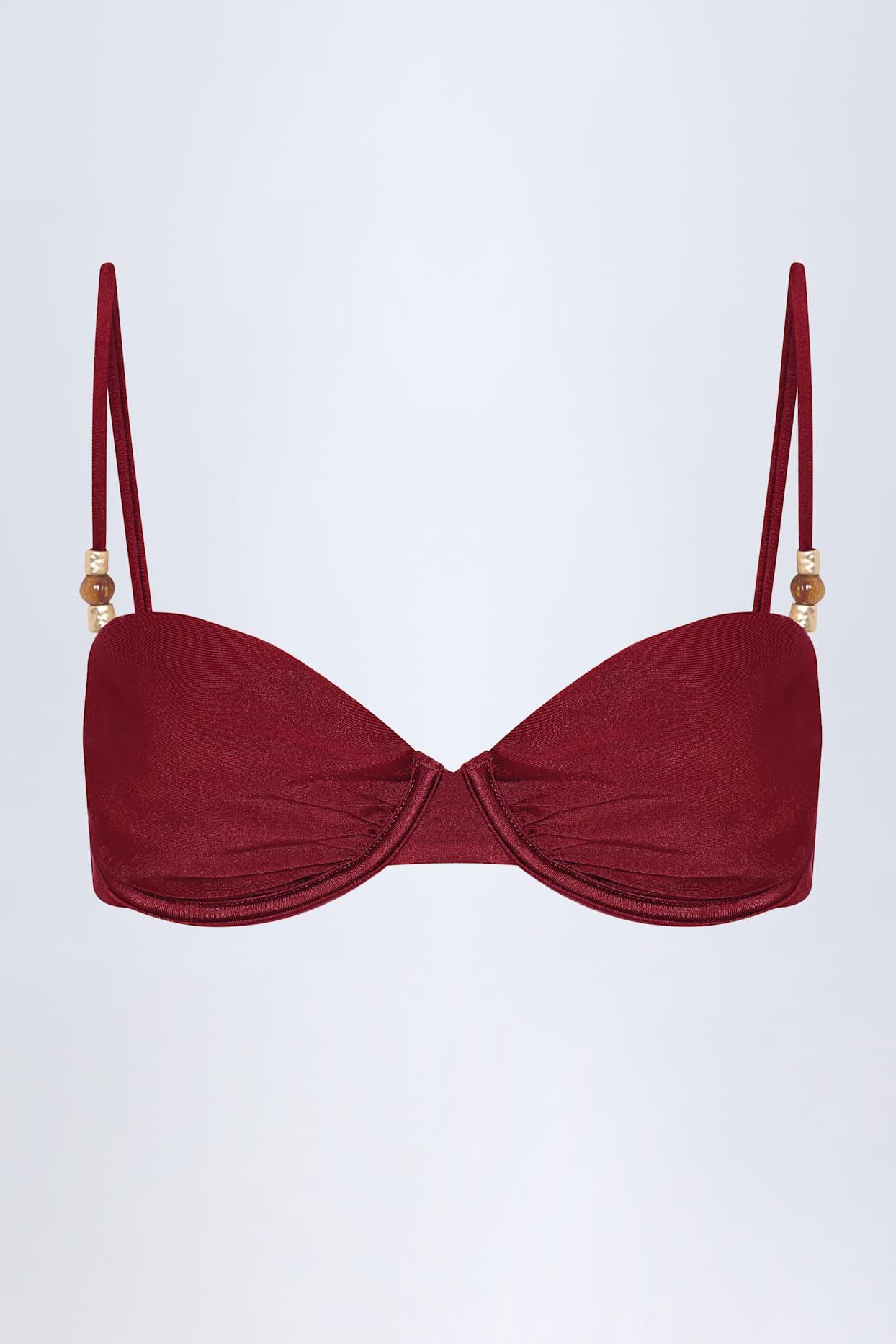 Bead-Embellished Ruched Underwired Bikini Top in Dark Cherry Product Image