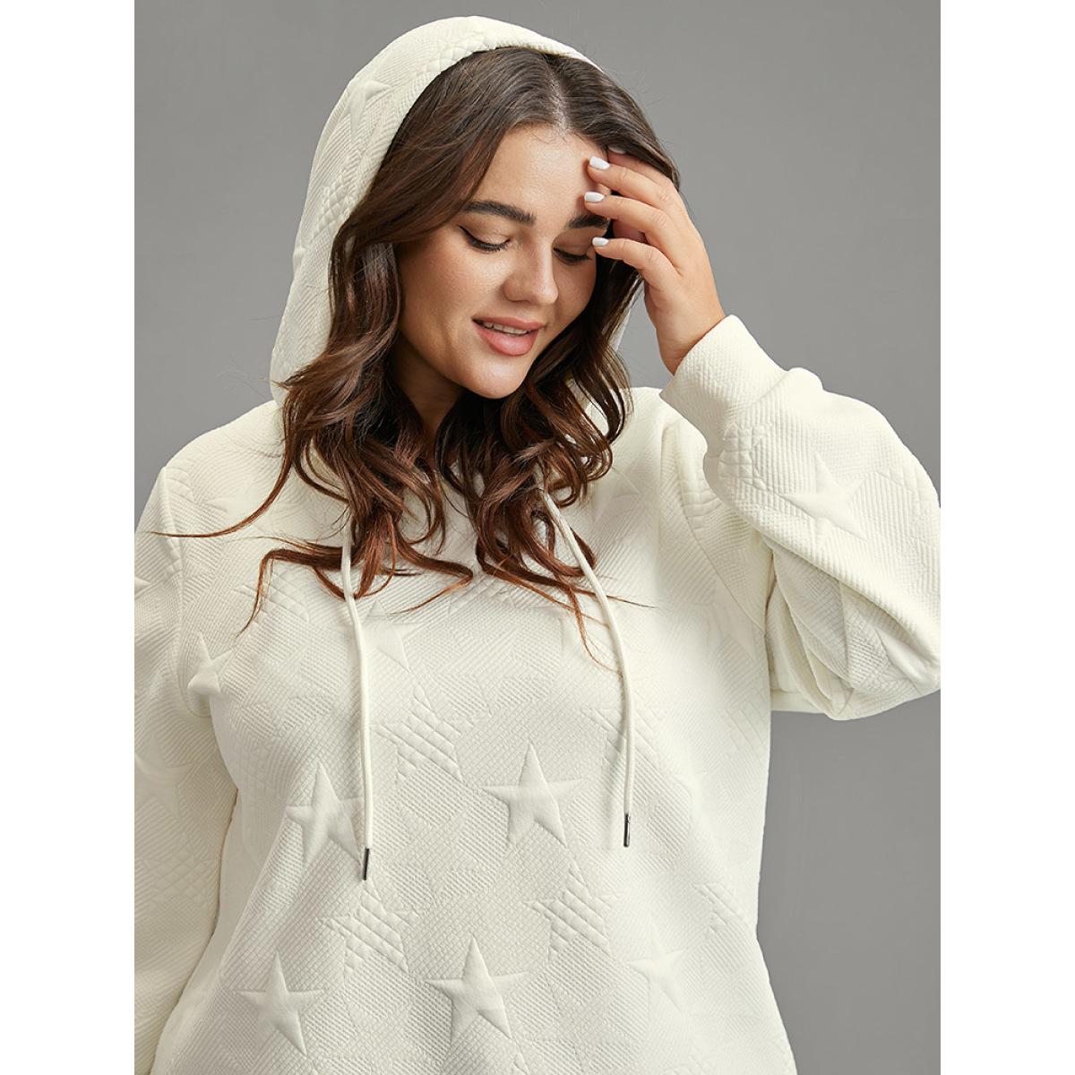 Plus Size Plain Star Jacquard Hooded Sweatshirt Women White Casual Plain Hooded Dailywear Sweatshirts BloomChic 22-24/3X Product Image