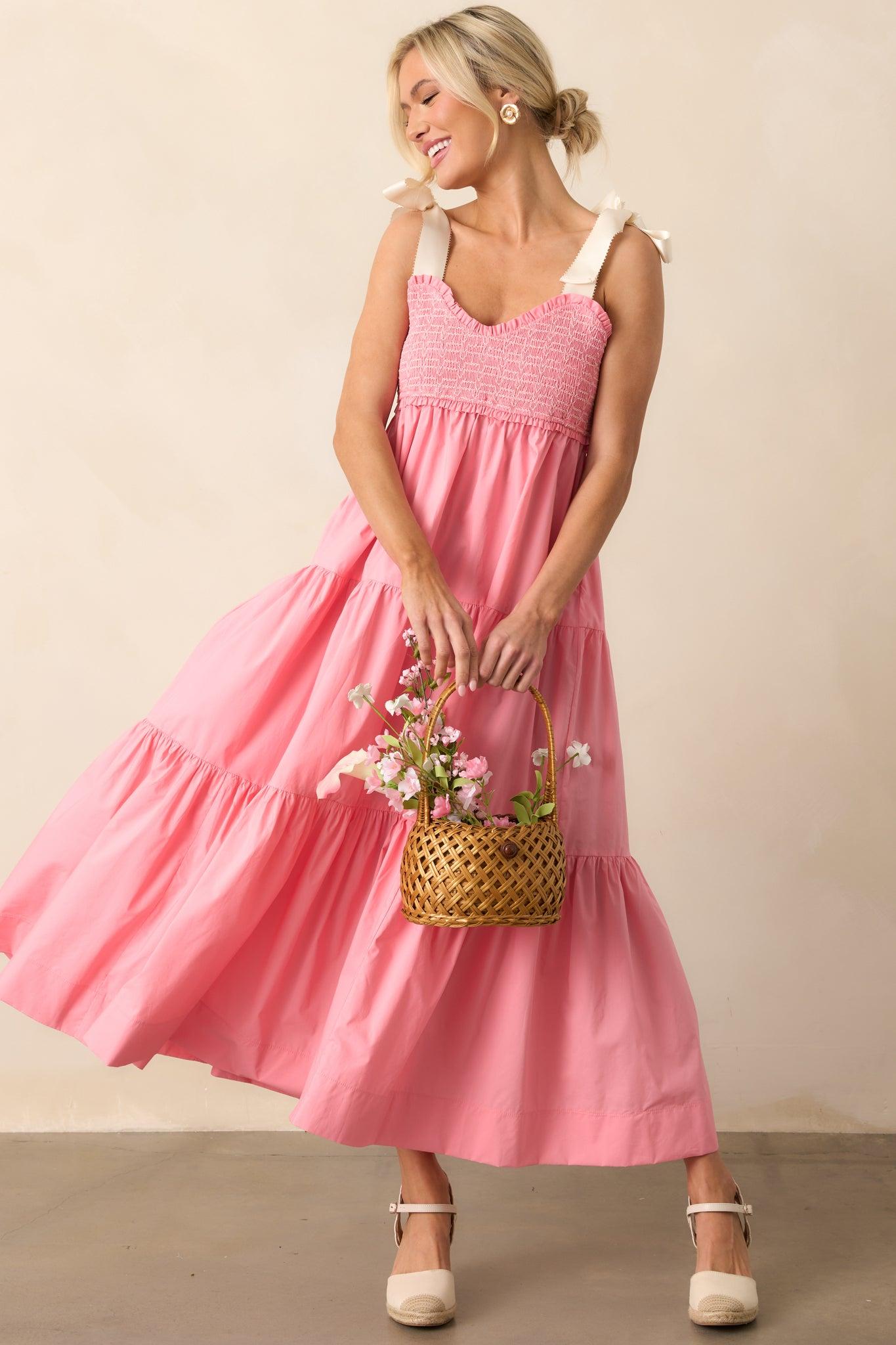 The Felicity Pink Coral Cotton Midi Dress Product Image