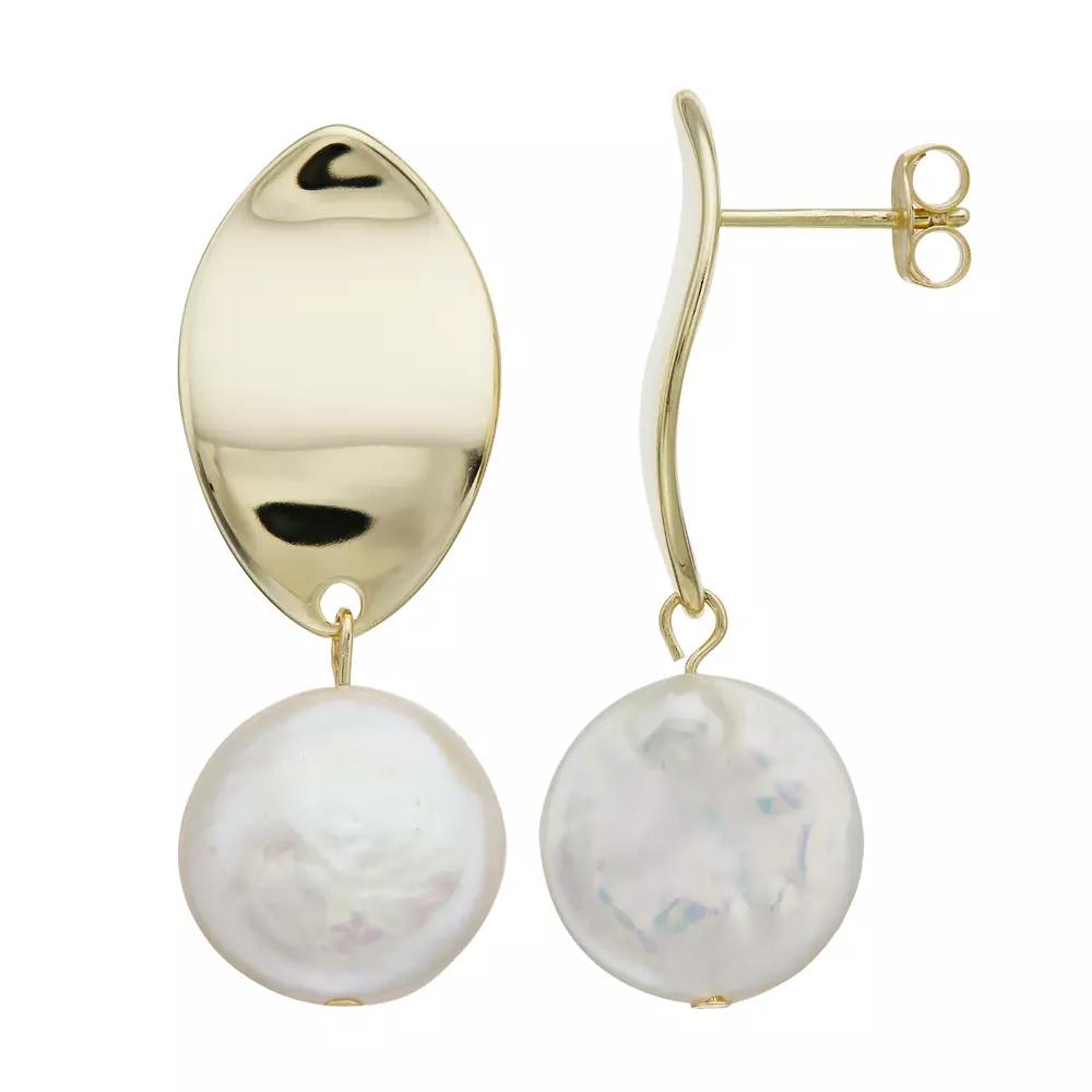 14k Gold-Plated Silver with Cultured Freshwater Pearl Dangle Drop Marquise Medallion Earrings, Womens, Gold Tone Product Image