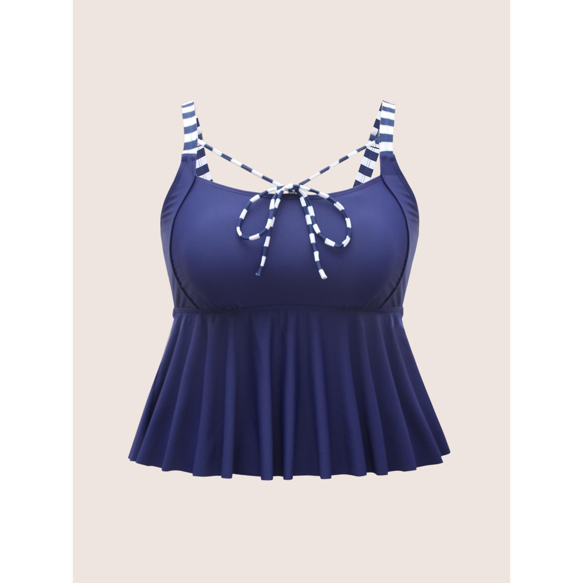 Plus Size Striped Tie Knot High Stretch Gathered Swim Top Women's Swimwear Navy Beach Tie knot High stretch Bodycon Heart neckline Curve Swim Tops BloomChic 10/M Product Image