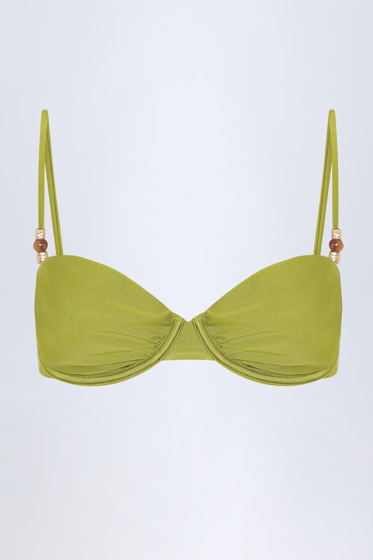 Bead-Embellished Ruched Underwired Bikini Top in Olive Green Product Image