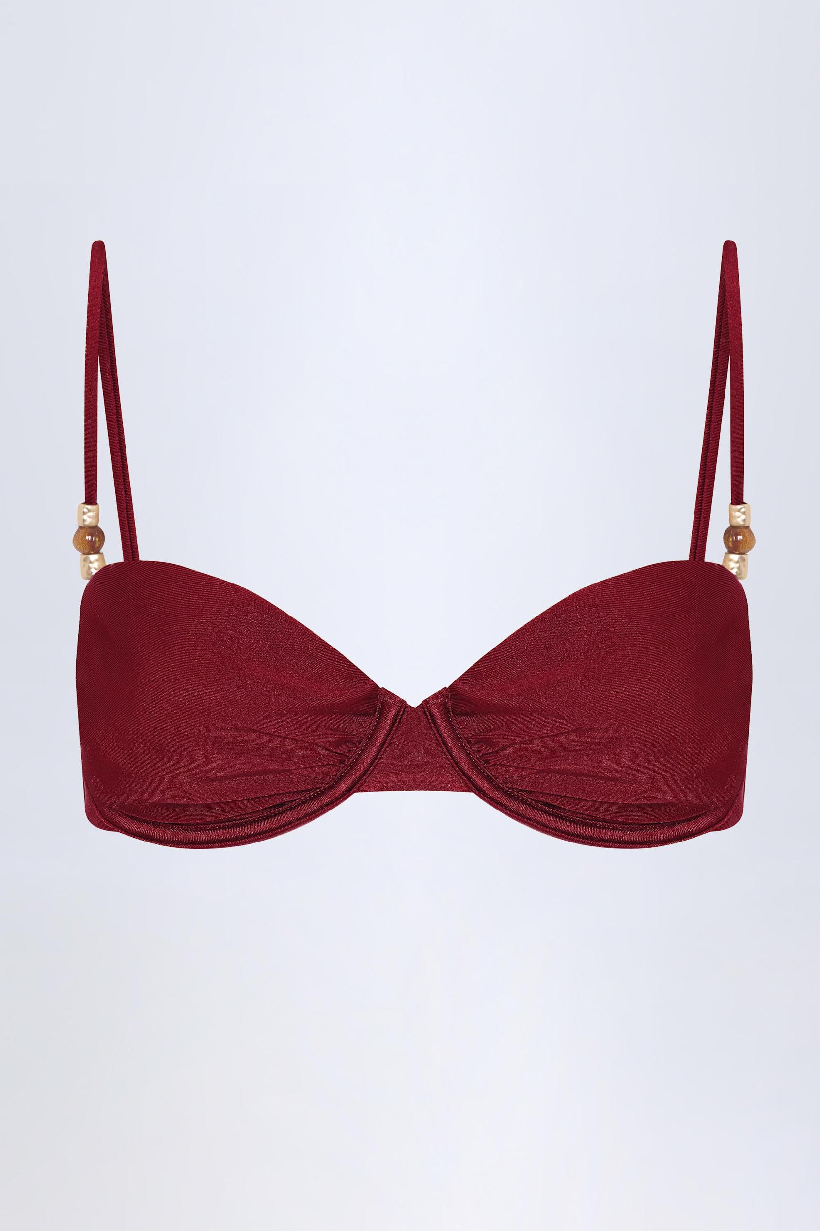 Bead-Embellished Ruched Underwired Bikini Top in Dark Cherry Product Image