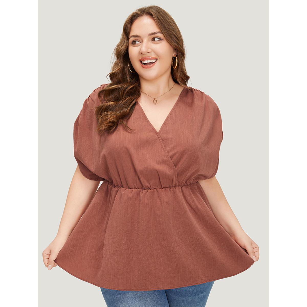 Plus Size Rust Plain Ruched Shoulder Wrap Blouse Women Elegant Short sleeve V-neck Dailywear Blouses BloomChic 12/L Product Image