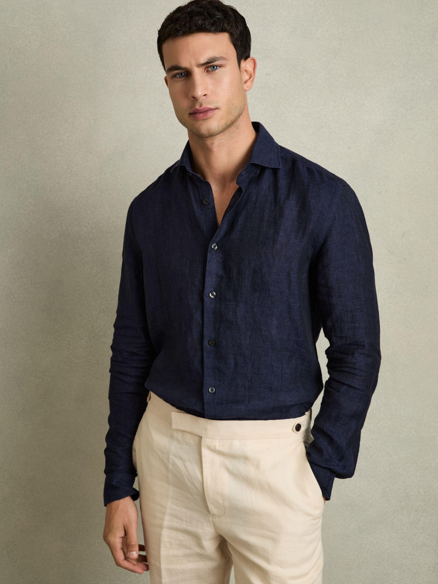 Linen Button-Through Shirt in Navy Product Image