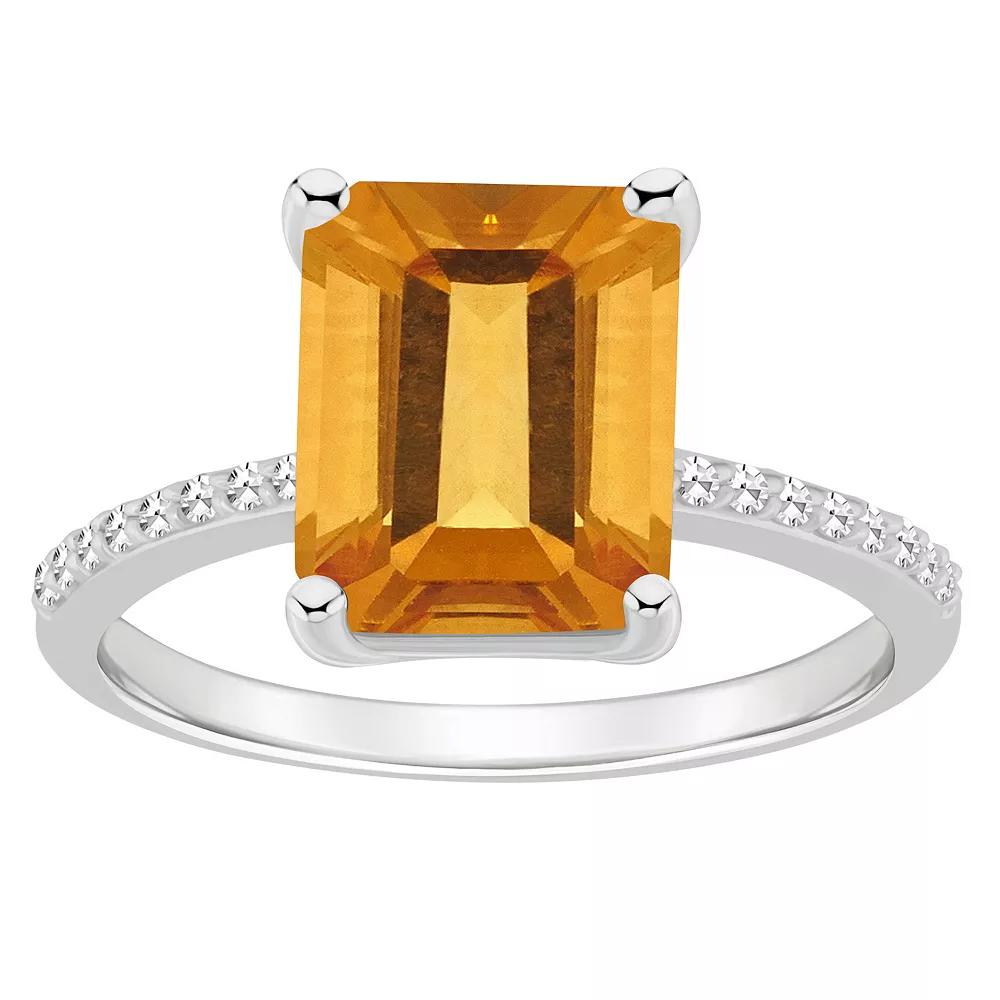 Alyson Layne Sterling Silver 10 mm x 8 mm Emerald Cut Gemstone & 1/10 Carat T.W. Diamond Ring, Women's, Size: 7, Citrine Product Image