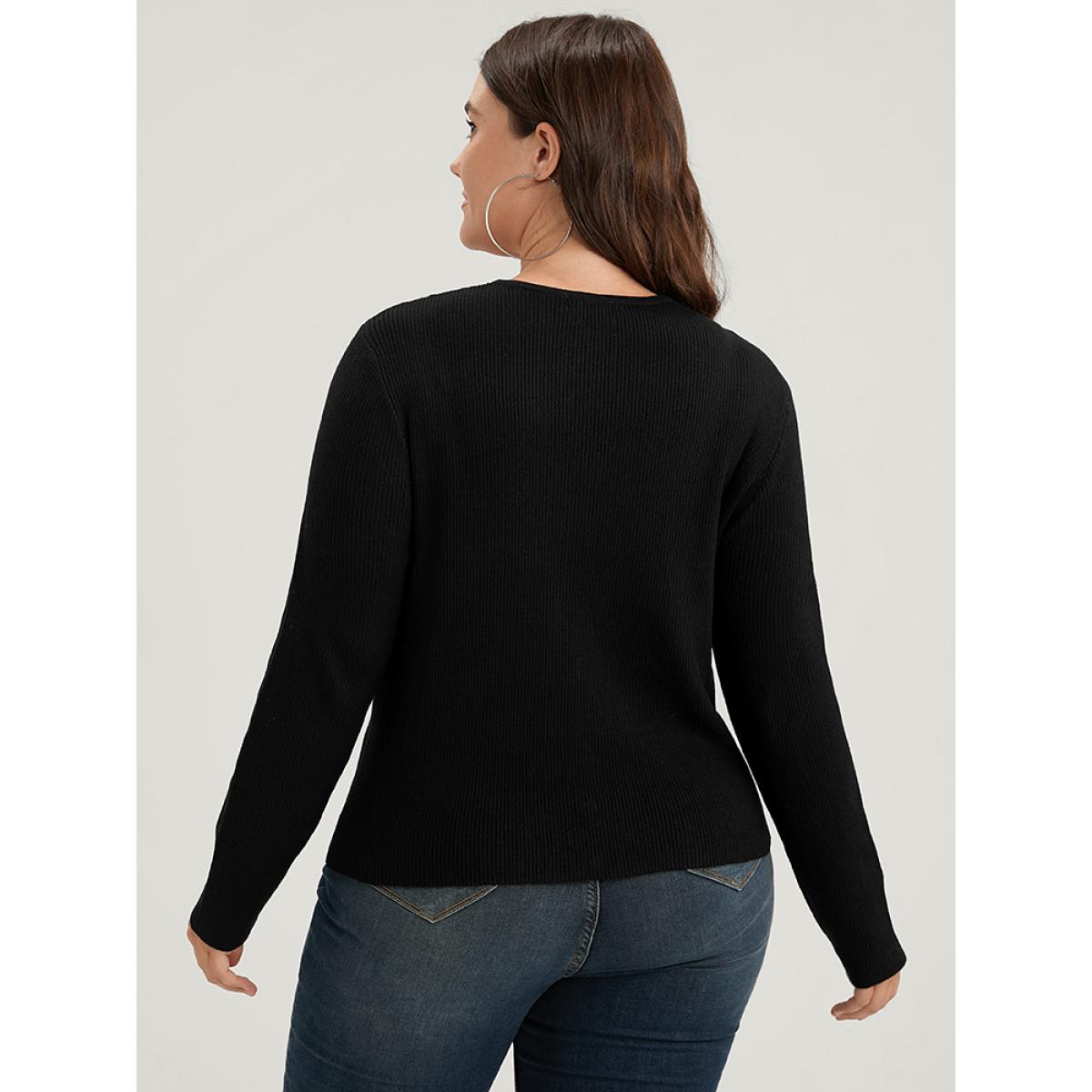 Plus Size Plain Rib Knit Button Front Knit Top Black Women Elegant Skinny Long Sleeve V-neck Dailywear Pullovers BloomChic 12/L Product Image