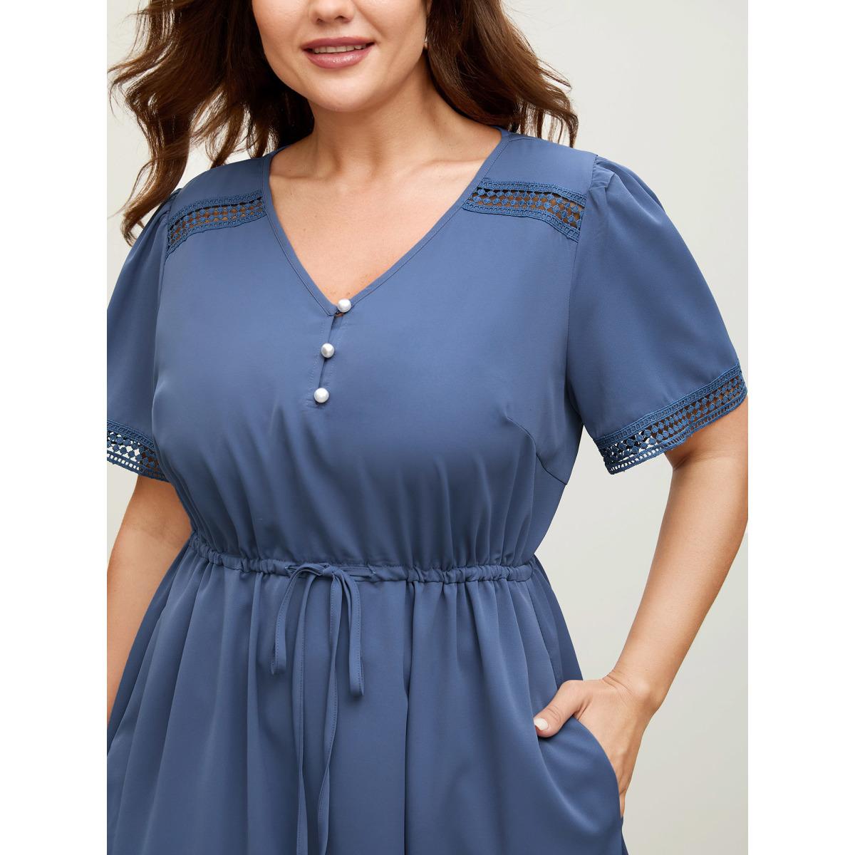 Plus Size Lace Trim Waist-Drawstring Solid Midi Dress Mediumblue Women V-neck Short sleeve Curvy BloomChic 10/M Product Image