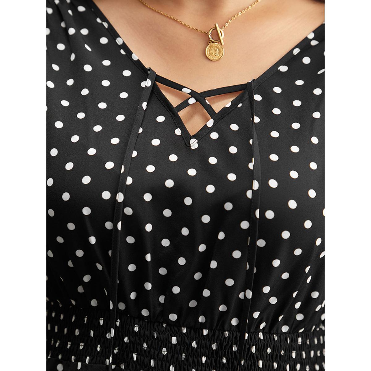 Plus Size Black Polka Dot Lace Up Shirred Flutters Blouse Women Office Long Sleeve V-neck Office Blouses BloomChic 22-24/3X Product Image