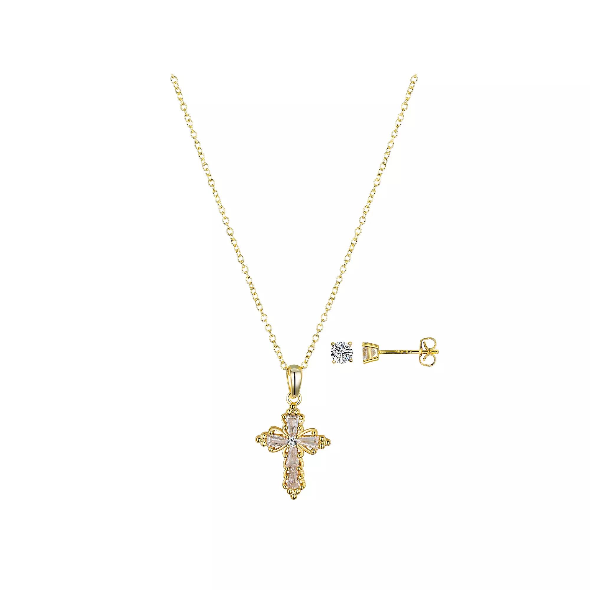 Gratitude & Grace 14k Gold Plated Cubic Zirconia Stud Earrings & Baguette Cross Pendant Necklace Set, Women's, Size: 18", Gold Tone Product Image