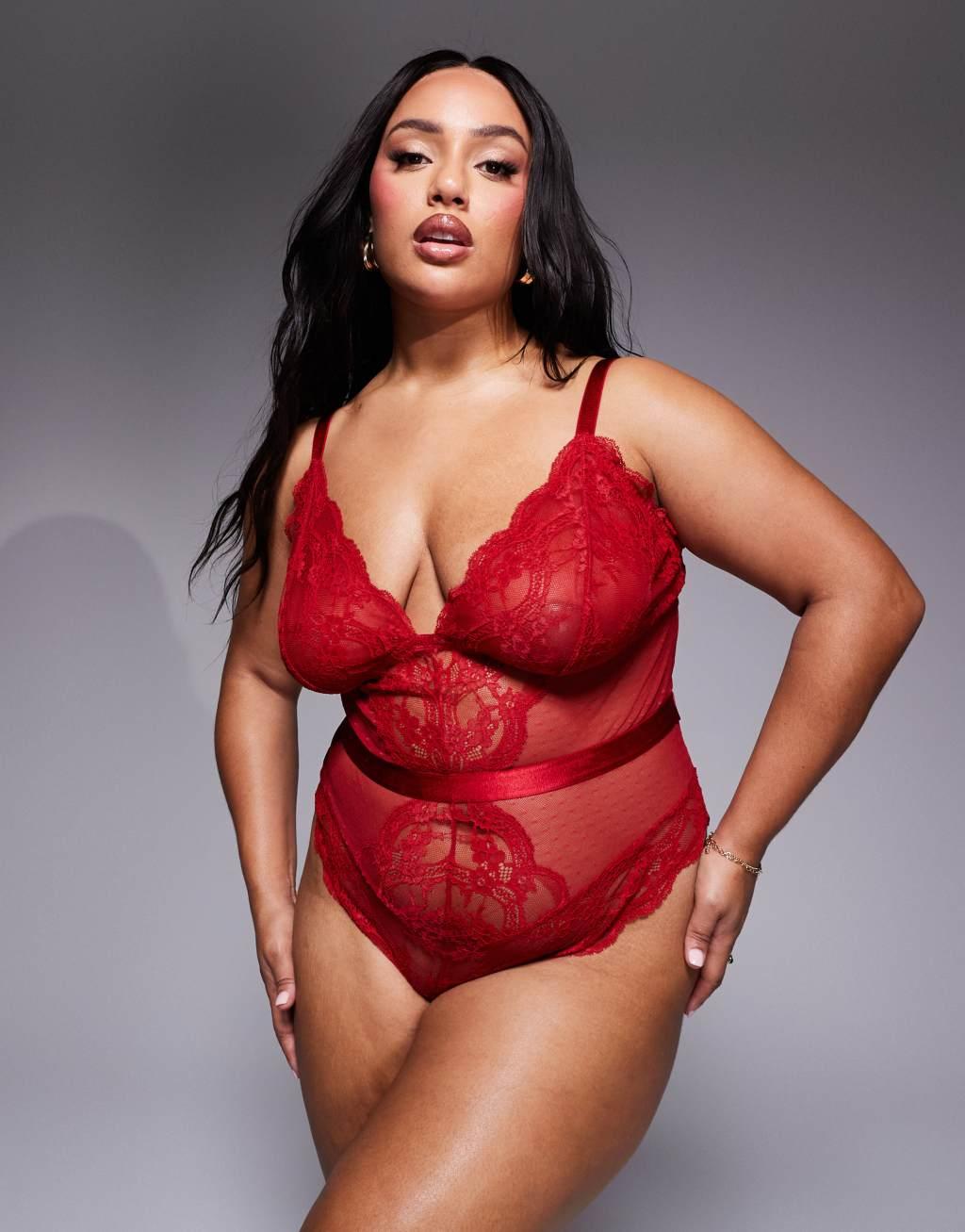ASOS DESIGN Curve Lola lace soft bodysuit in red Product Image
