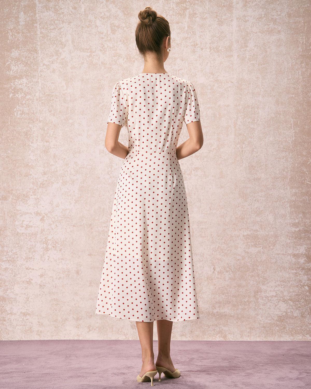 The Beige V Neck Polka Dot Button Midi Dress Product Image