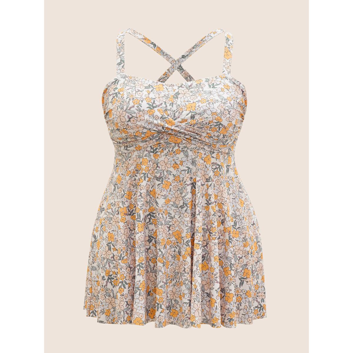 Plus Size Ditsy Floral Crossover Adjustable Straps Swim Top Women's Swimwear Apricot Beach Twist High stretch Bodycon Strapless Curve Swim Tops BloomChic 12/L Product Image