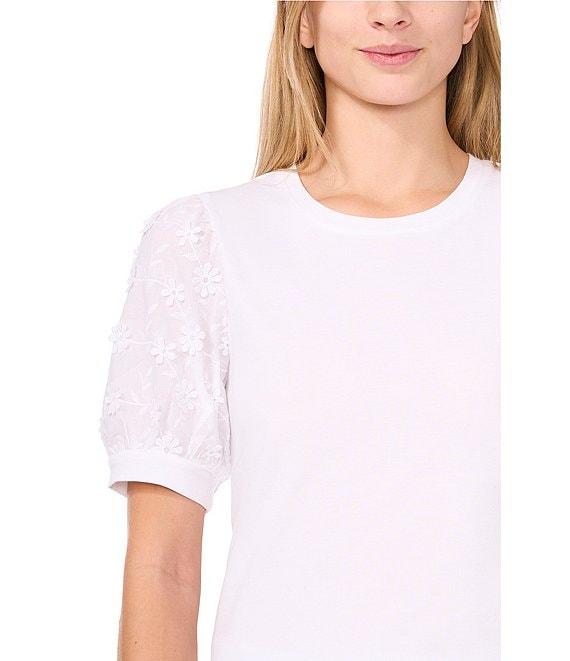 CeCe Mixed Media Crew Neck Embroidered Short Puff Sleeve Tee Product Image