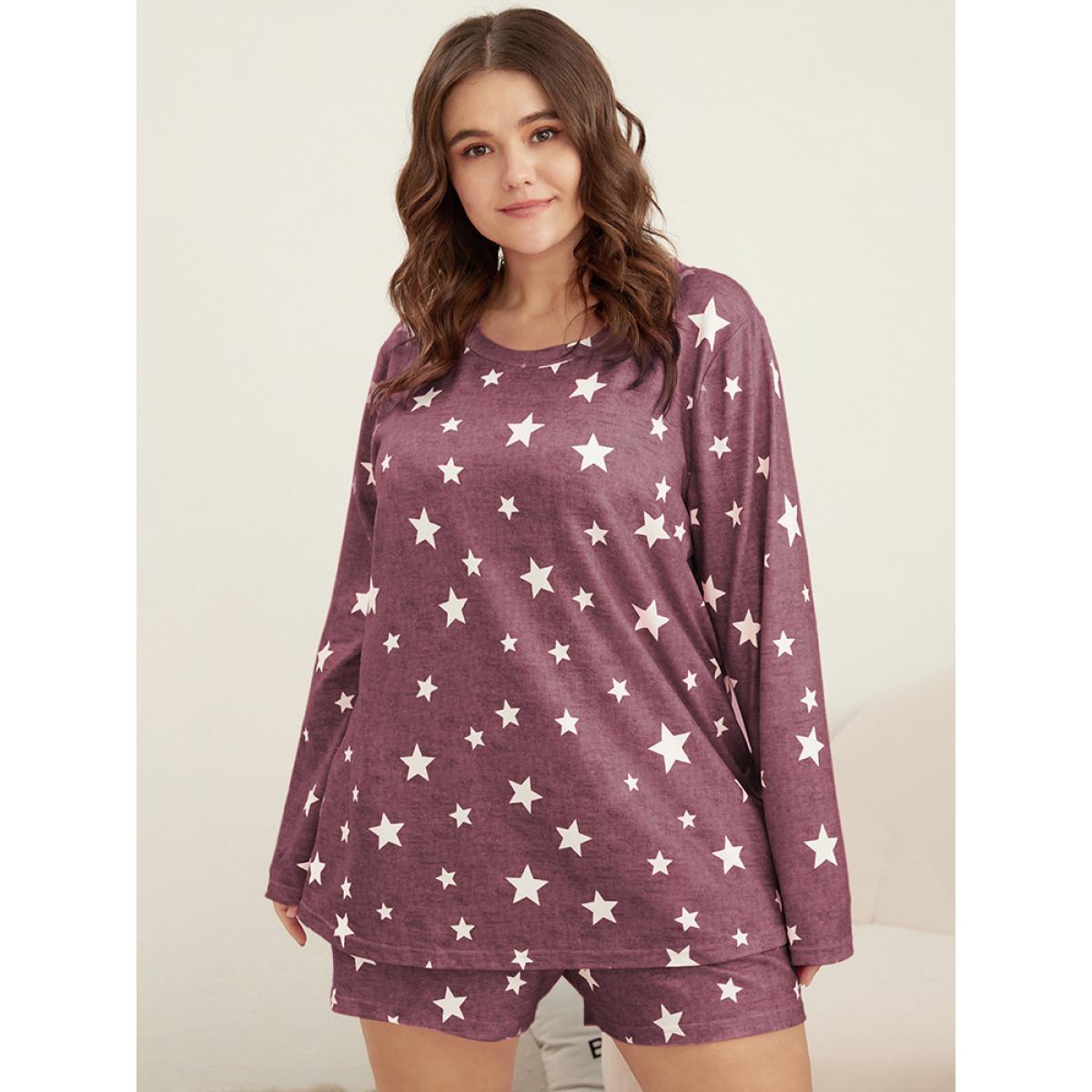 Plus Size Star Print Round Neck Sleep Top Women Russet Casual Moon and Star Round Neck Loungewear BloomChic 30/6X Product Image