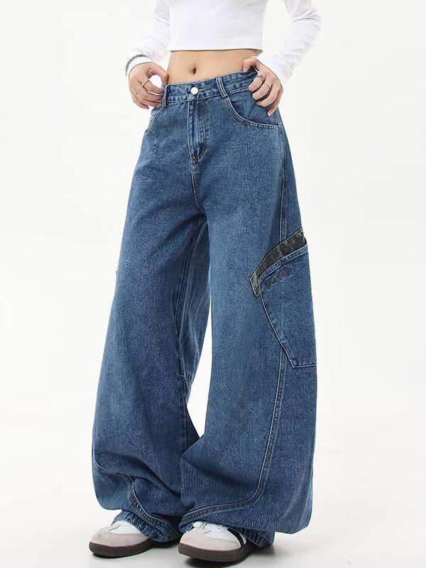 American Retro Leopard Print Stitching Boyfriend Jeans Product Image