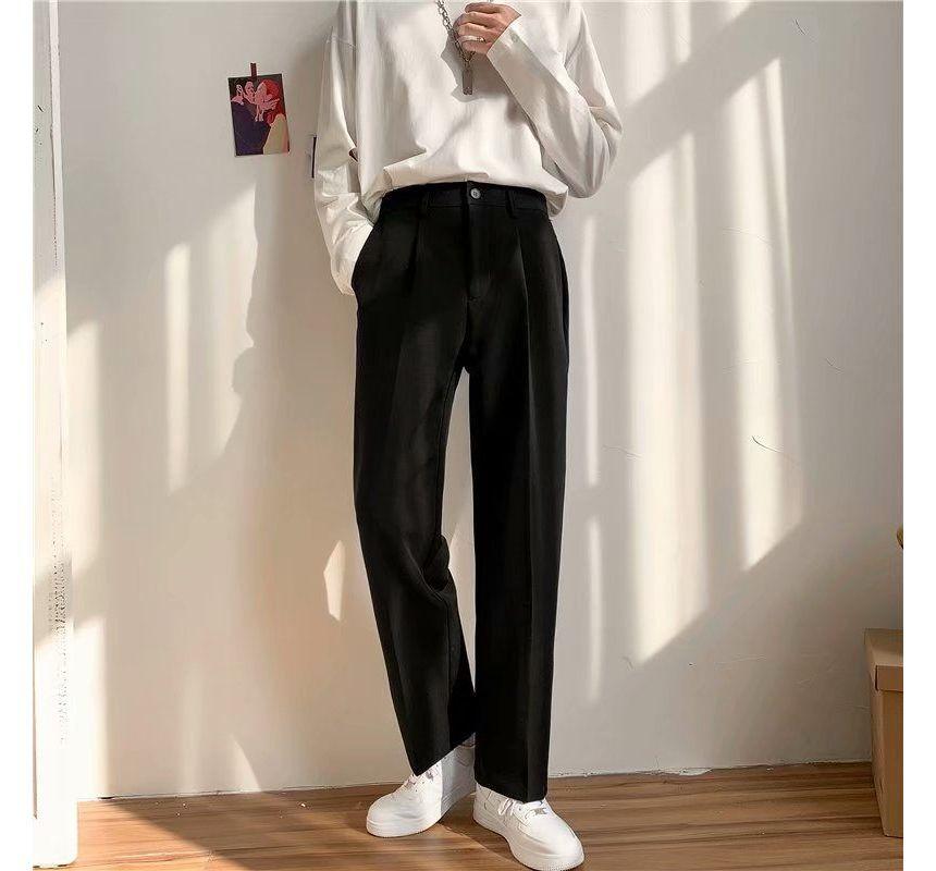Mid Rise Plain Straight Leg Dress Pants Product Image